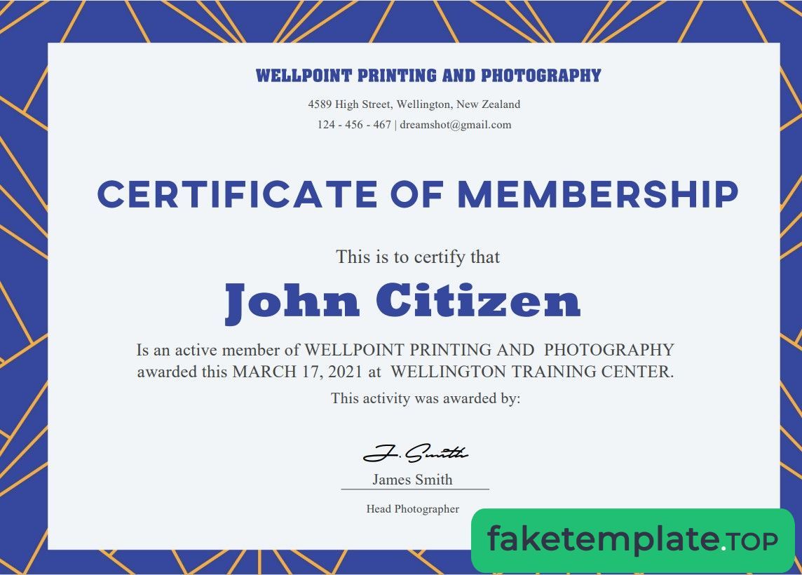 Feature of fake USA membership certificate example